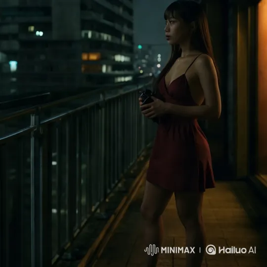Urban Nightscape: Woman in Red on Balcony – AI Generated Video | Hailuo AI