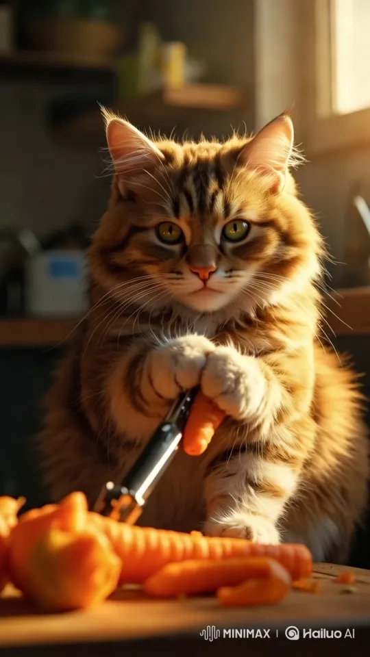 Realistic Art: Cat Peels Carrot with Human-Like Precision – AI Generated Video | Hailuo AI