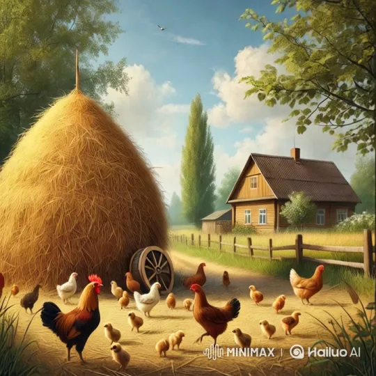 Peaceful Countryside: Haystack, Chickens, and Farmyard Beauty – AI Generated Video | Hailuo AI