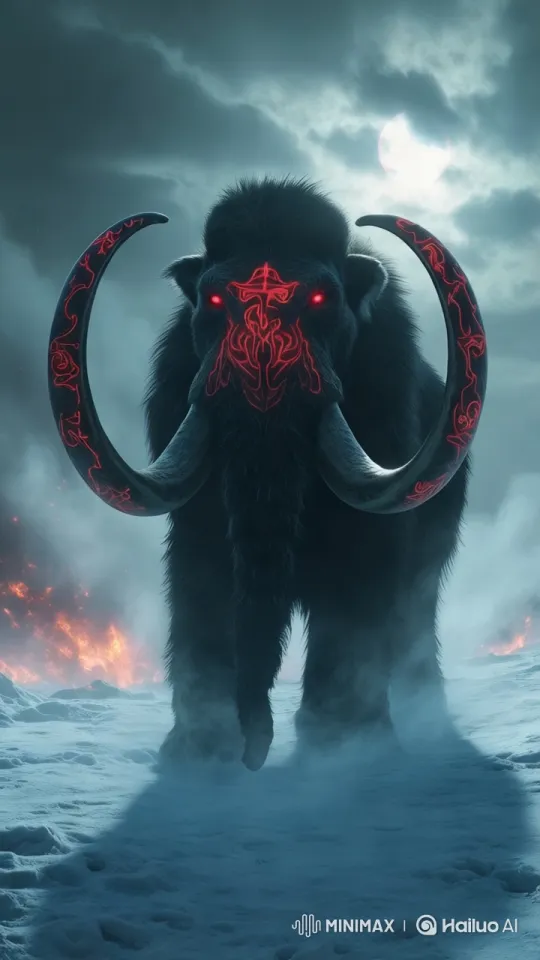 Ancient Rune-Enchanted Mammoth in Stormy Tundra – AI Generated Video | Hailuo AI