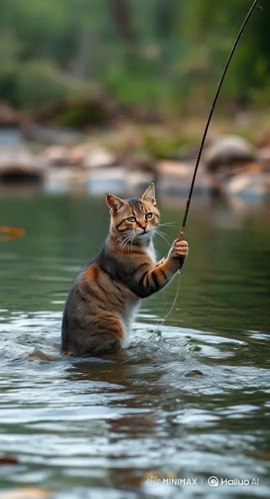 Tabby Cat Triumphs with Catch in Lush Forest – AI Generated Video | Hailuo AI