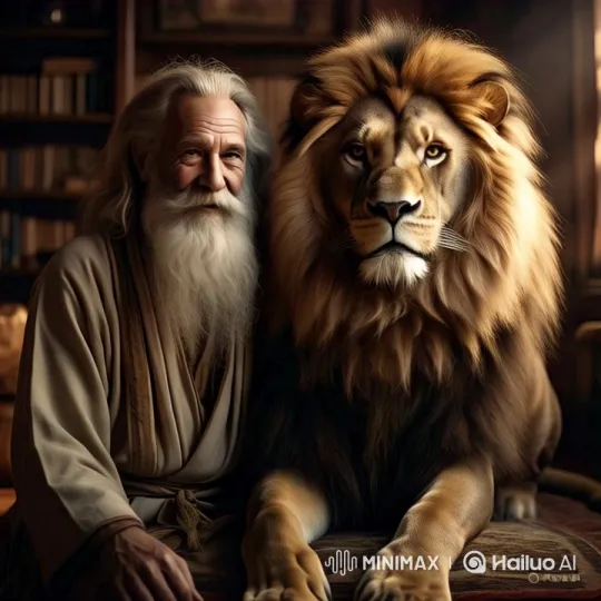 Elderly Scholar and Majestic Lion in Cozy Study – AI Generated Video | Hailuo AI