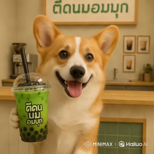 Dog Enjoying Bubble Tea in Cozy Cafe Setting – AI Generated Video | Hailuo AI
