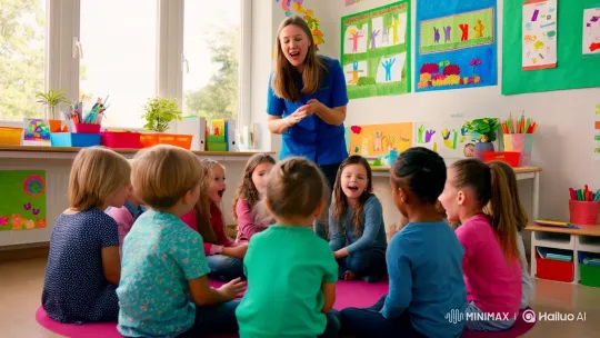Kindergarten Teacher Leads Joyful Song in Bright Classroom – AI Generated Video | Hailuo AI