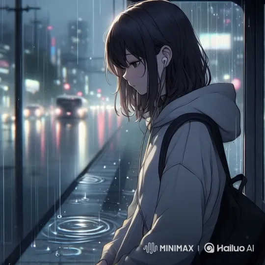 Introspective Young Woman at Rainy Bus Stop – AI Generated Video | Hailuo AI