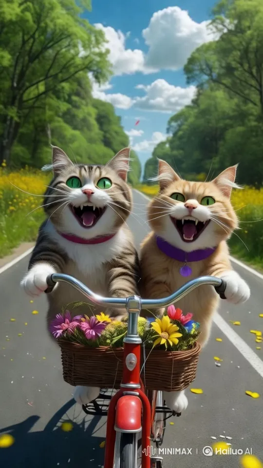 Cats' Joyful Bike Ride Ends in Playful Crash – AI Generated Video | Hailuo AI