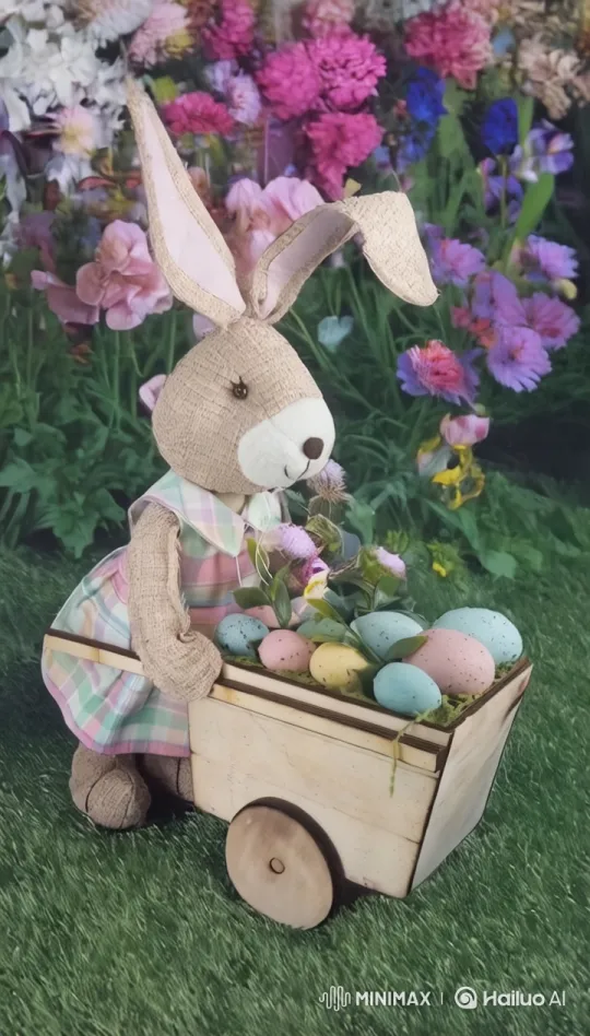 Charming Bunny Pushes Easter Cart in Colorful Garden – AI Generated Video | Hailuo AI