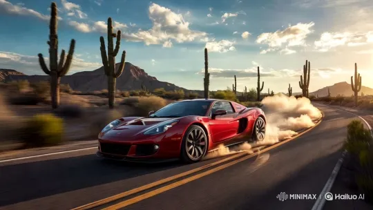 Red Sports Car Zipping Through Desert Landscape – AI Generated Video | Hailuo AI