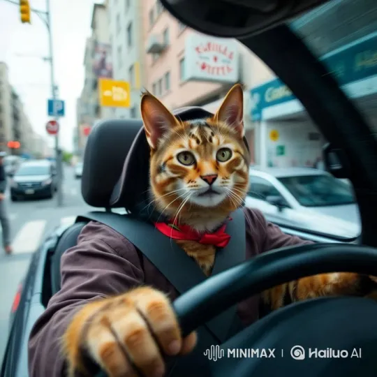 3D Cat Driver in Urban Cityscape – AI Generated Video | Hailuo AI