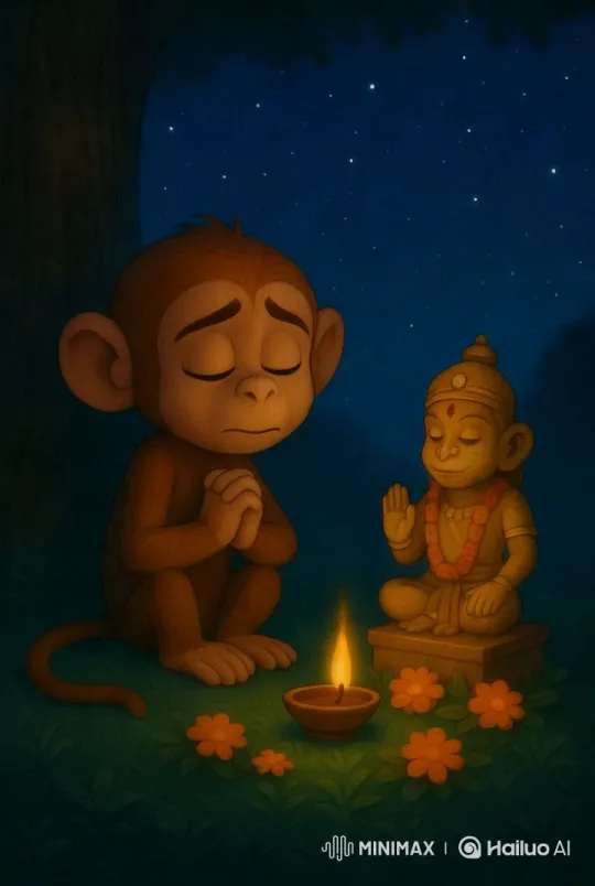 Praying Monkey Under Hanuman Idol at Night – AI Generated Video | Hailuo AI