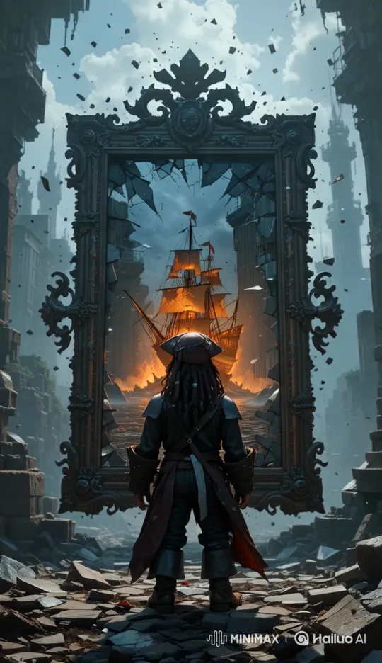 Pirate Reflects on Burning Ship in Dramatic Mirror Scene – AI Generated Video | Hailuo AI