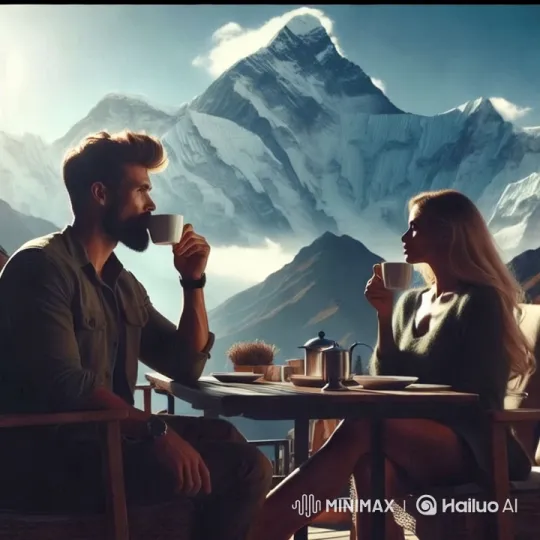 Couple Enjoying Coffee Amidst Majestic Everest Sunrise – AI Generated Video | Hailuo AI