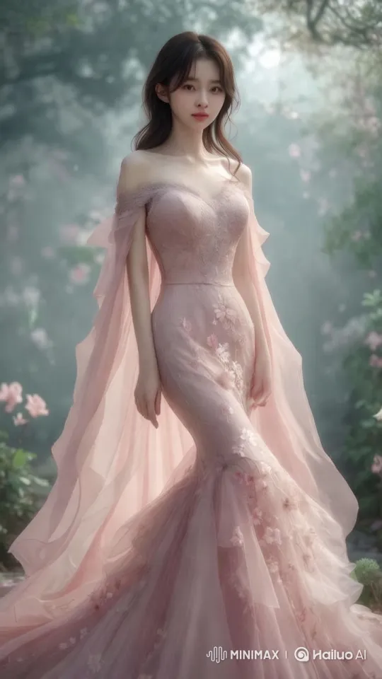 Enchanted Morning: Young Woman in Pastel Gown Strolls Through Blooming Garden – AI Generated Video | Hailuo AI