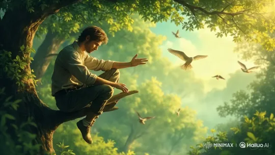Man in Harmony with Nature Amidst Canopy – AI Generated Video | Hailuo AI