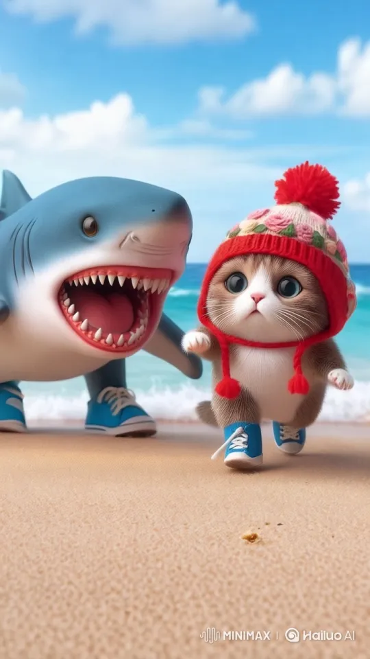 Fearful Cat Fleeing from Shark on Sunny Beach – AI Generated Video | Hailuo AI