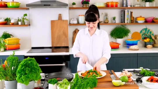 Young Chef Preparing Vibrant Vegetable Dish in Cozy Kitchen – AI Generated Video | Hailuo AI