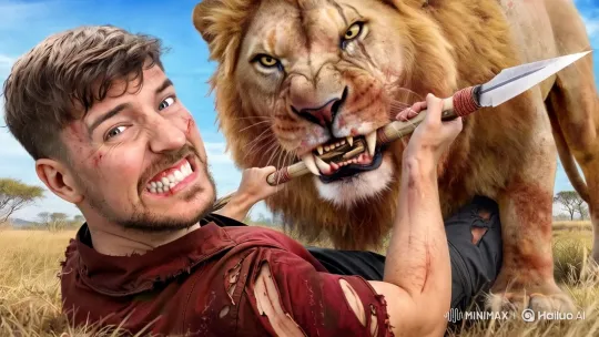 Man Fights for Survival Against Lion in Savannah – AI Generated Video | Hailuo AI