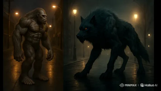 Monkeys vs. Wolves: A Dramatic Streetlight Showdown – AI Generated Video | Hailuo AI