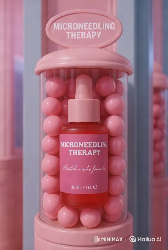 Pink Balls Dance Around Stationary Microneedling Bottle – AI Generated Video | Hailuo AI
