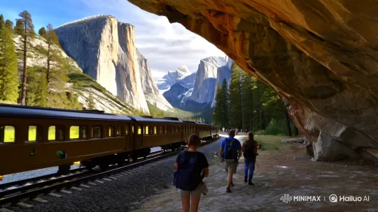 Train Journey Through Yosemite Cave with Hikers – AI Generated Video | Hailuo AI
