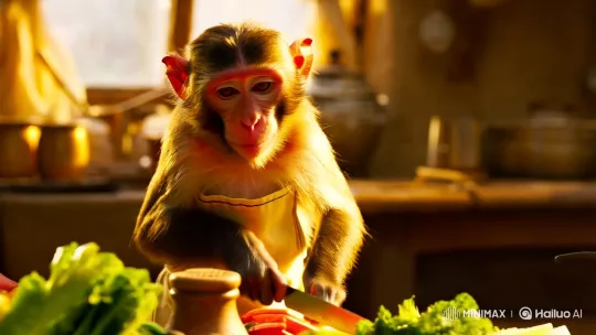 Monkey Chef Skillfully Preparing Meal in Rustic Kitchen – AI Generated Video | Hailuo AI