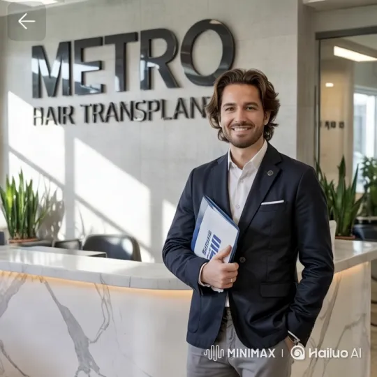 Confident Man Showcases Hair Transplant Results at Metro Clinic – AI Generated Video | Hailuo AI