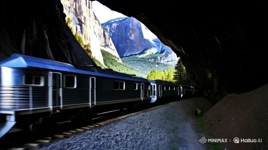 Train Navigates Yosemite Cave in Majestic Blend of Nature and Industry – AI Generated Video | Hailuo AI