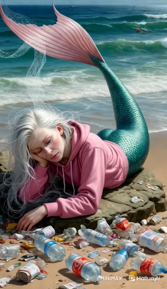 Mermaid on Polluted Beach Highlights Environmental Concern – AI Generated Video | Hailuo AI