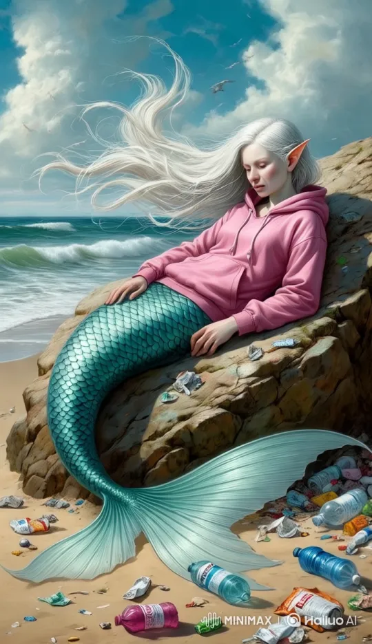 Mermaid on Polluted Shoreline Depicts Environmental Contrast – AI Generated Video | Hailuo AI