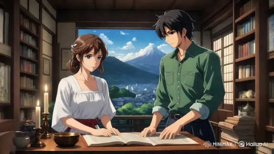 Couple Examines Book in Serene Study Room with Mount Fuji View – AI Generated Video | Hailuo AI