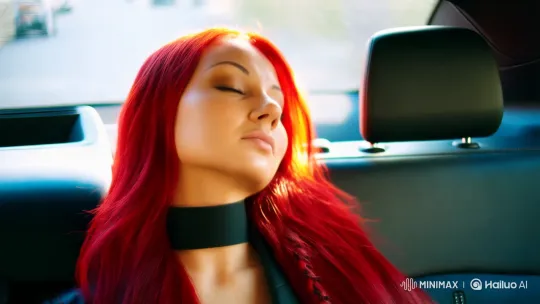 Red-haired Woman Sleeps Peacefully in Car as Man Captures the Moment – AI Generated Video | Hailuo AI