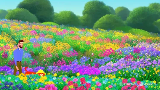 Man and Cat Stroll Through Flowery Meadow – AI Generated Video | Hailuo AI