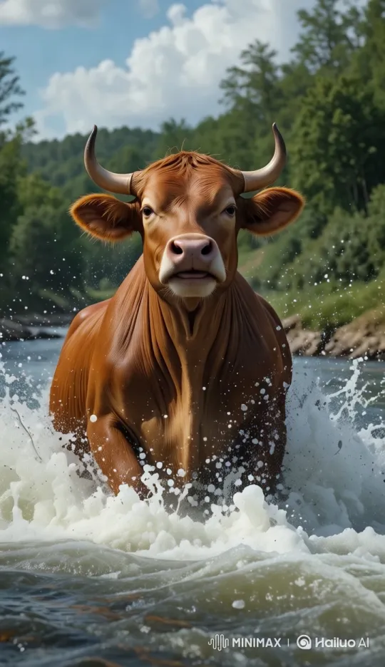 Peaceful Morning: Cow in Lush River Landscape – AI Generated Video | Hailuo AI