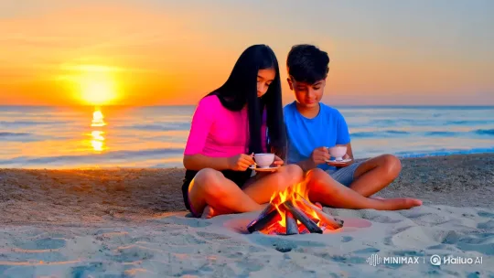Evening Seashore Scene: Girl and Boy Building Fire – AI Generated Video | Hailuo AI