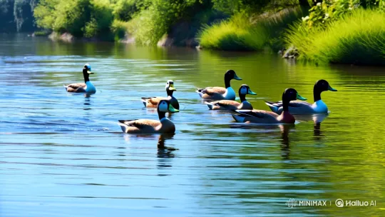 Ducks Gliding, Fish Fleeing, Cat Dancing by Riverbank – AI Generated Video | Hailuo AI