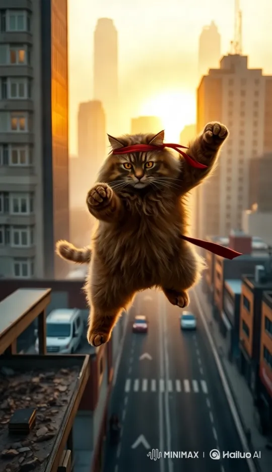 Majestic Cat Leaps Through Sunset Cityscape – AI Generated Video | Hailuo AI