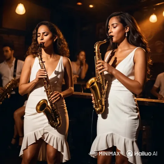Elegant Women Prepare to Play Saxophones in Jazz Club – AI Generated Video | Hailuo AI
