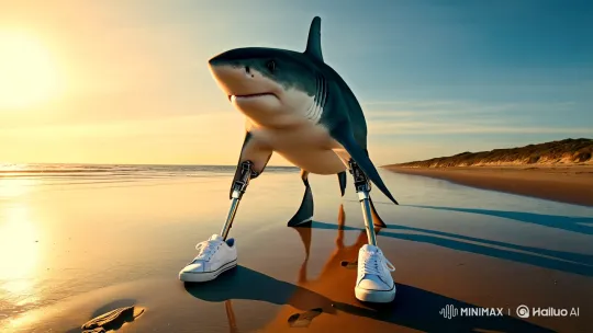 Three-Legged Shark Strides on Golden Beach – AI Generated Video | Hailuo AI