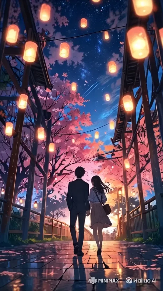 Romantic Stroll Under Lanterns and Blossoms – AI Generated Video | Hailuo AI