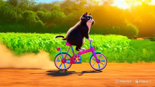 Cat on Bicycle Collides with Buffalo on Farm – AI Generated Video | Hailuo AI