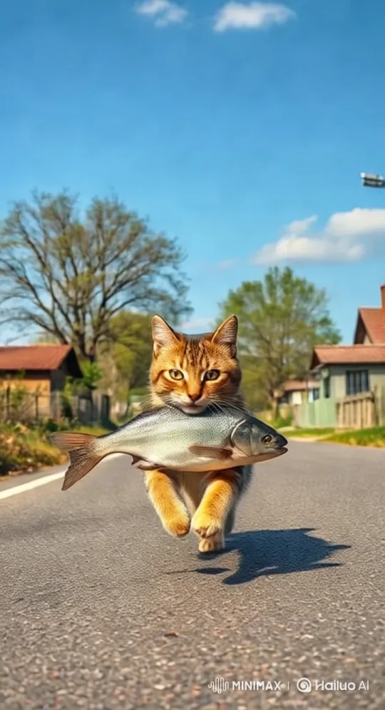 Cat Runs Through Village with Fish in Sunlit Path – AI Generated Video | Hailuo AI