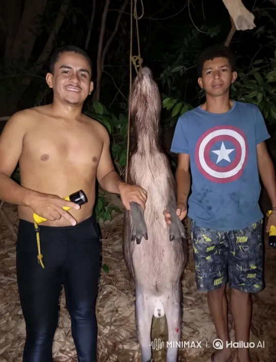 Nighttime Forest Scene with Men and Suspended Animal – AI Generated Video | Hailuo AI