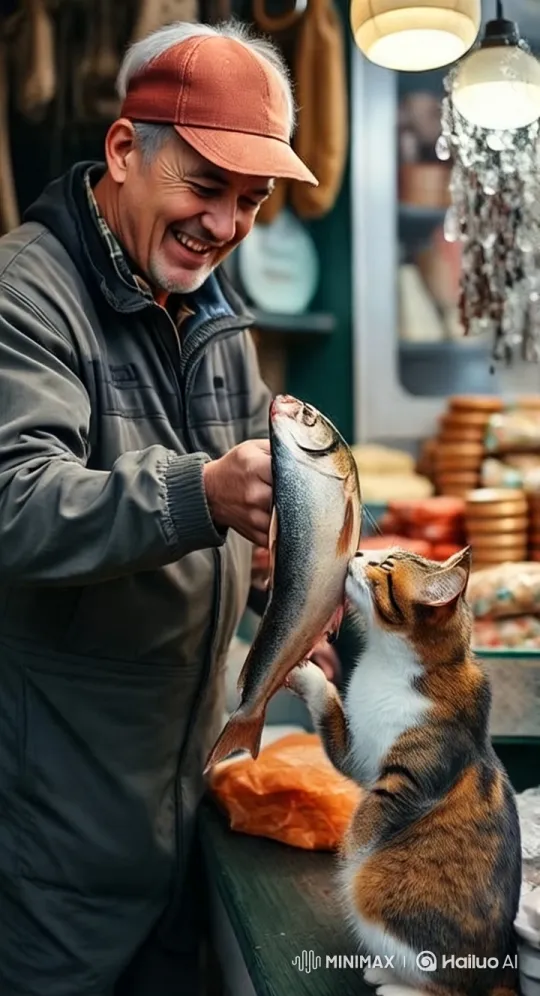 Market Stall: Shopkeeper Shares Fish with Apologetic Cat – AI Generated Video | Hailuo AI