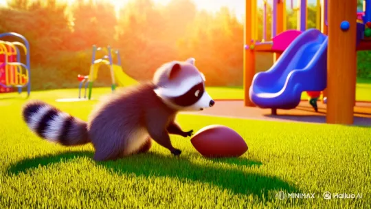Playful Raccoon Enjoys Football in Sunlit Playground – AI Generated Video | Hailuo AI