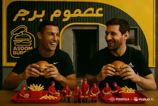 Ronaldo and Messi Enjoy Asoom Burger in Whimsical Miniature Scene – AI Generated Video | Hailuo AI