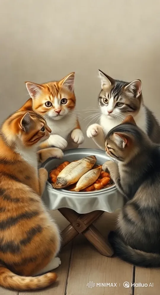 Aesthetic Close-up of Cats Dining on Fish – AI Generated Video | Hailuo AI