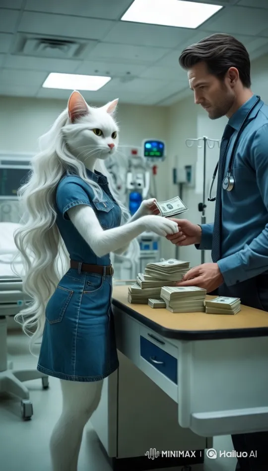 Cat-humanoid pays doctor in surreal hospital scene – AI Generated Video | Hailuo AI