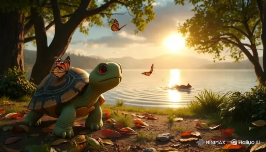 Tortoise Rescues Stranded Squirrel at Sunset Lakeside – AI Generated Video | Hailuo AI