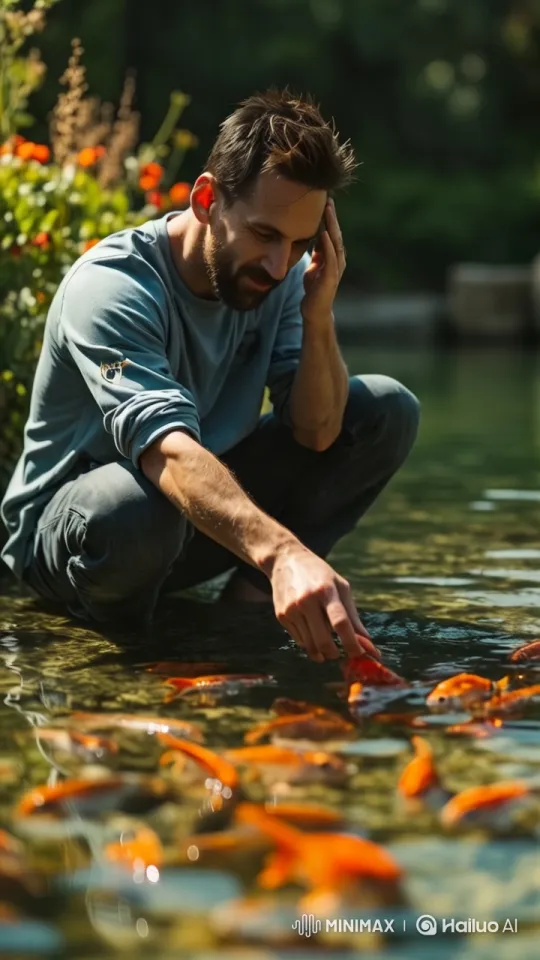 Man Feeds Fish in Serene Pond Garden Setting – AI Generated Video | Hailuo AI