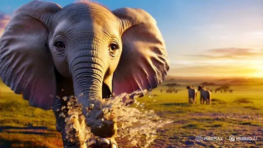 Baby Elephant Joyfully Flings Mud in Slow-Motion Savanna Setting – AI Generated Video | Hailuo AI